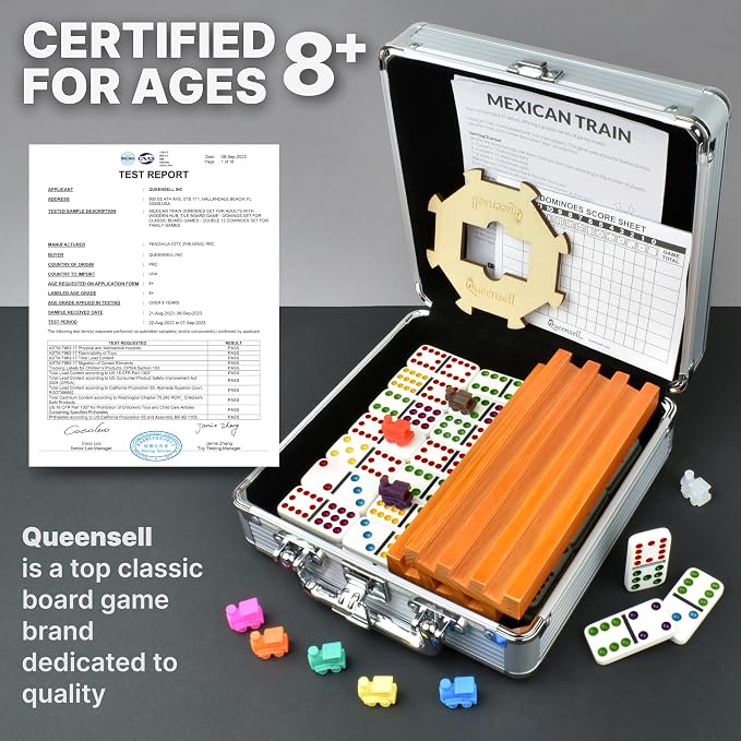 Mexican Train Dominoes Set with 4 Holders - Dominoes Double 12 with Wooden Hub and Tiles Holders - Double 12 Dominos Set for Family Game Night for Adults and Kids Ages 8 and up (D12 + 4 Holders)