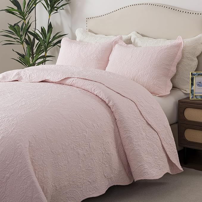 HoneiLife King Size Quilt Sets - 3 Piece Microfiber Quilt Set Lightweight Bedspreads Reversible Coverlets Rustic Bed Cover King Quilt Bedding Set All Season Quilts-Light Pink