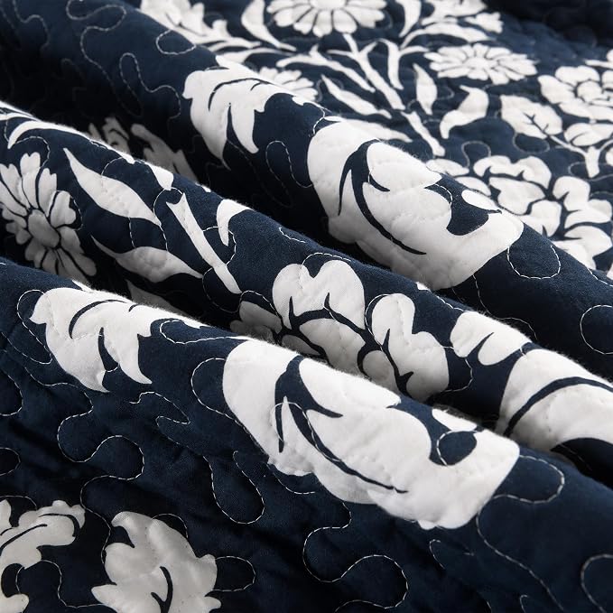 Navy Blue Quilt Set King Size, 100% Cotton Reversible Farmhouse Quilt with Elegant Botanical Floral Pattern, Scalloped Edge Bedspread Coverlet, Lightweight All Season Bedding Set with 2 Shams