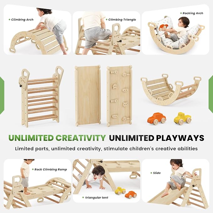 BlueWood Pikler Triangle Set with Cushion - Climbing Toys for Toddlers 9-in-1, Montessori Philosophy Play Jungle Gym with Arch, Ramp, Ladder (Natural Color)