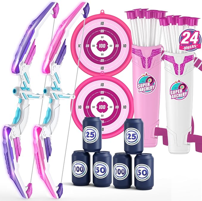 HYES 2 Pack Bow and Arrow for Kids, LED Light Up Archery Set with 24 Suction Cup Arrows, 2 Hanging Targets, 6 Score Targets & 2 Quiver, Indoor Outdoor Sport Toys for Girls Ages 4-12