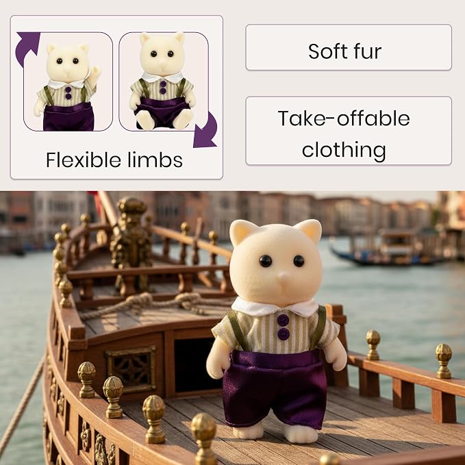 Family Cream Cat Figures — Set of 2 Collectible Flocked Mini Dolls with Removable Clothes, Miniature Dollhouse Pretend Play Figures for Kids Ages 3+