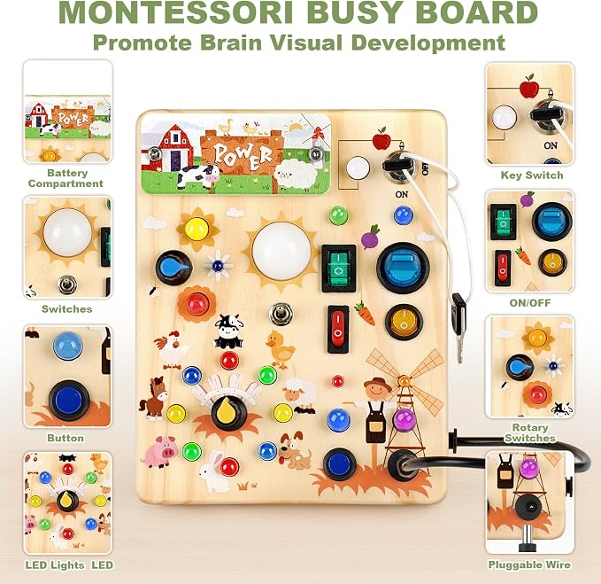 Busy Board for Toddlers 1-3 - Montessori Educational Sensory Toy with 10 Switches & 19 Lights, Activity Board for Fine Motor Skills, Travel Toys for 1+ Year Old Boy & Girl Birthday Gift（Farm Theme）