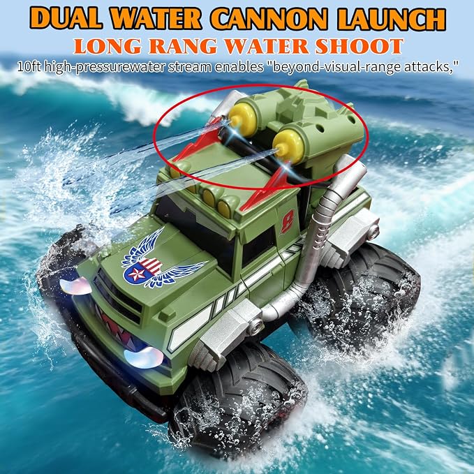 Dual Remote Control RC Car with Magic Gesture Wristband & 40+ Min Play, 1:18 Fully Submersible Waterproof All Terrain 4WD Monster Truck, Amphibious Toy Crawler Gift for Boys Girls Ages 6-12-Green