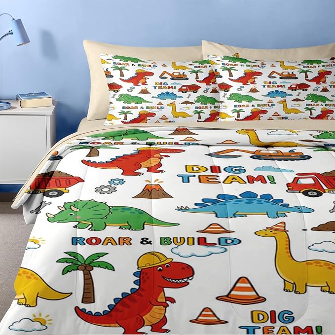 Nesker Dinosaur Comforter Set Twin Size, 5 Pieces Bed in a Bag, Dinosaur Cartoon Bedding Set for Boys, Construction Truck Excavator Comforter Set with 1 Pillowcase & 1 Sham