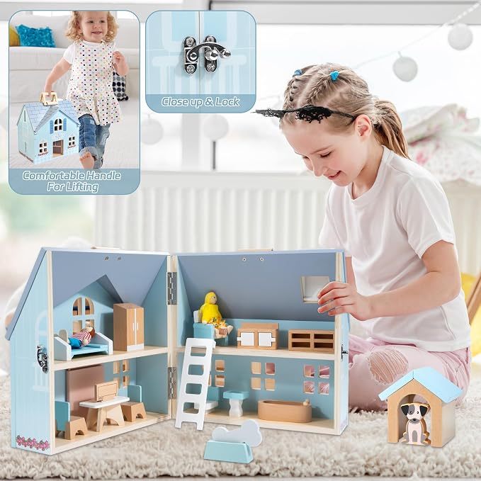 WOODMAM Foldable Wooden Dollhouse with 2 Dolls & Pet Set, 20PCS Furniture Wooden Doll House for Girls Age 3-6, Portable Pretend Play Toy, Christmas Birthday Gift for Toddlers
