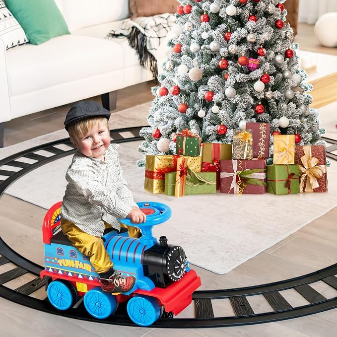Costzon Ride on Toys, 6V Electric Ride on Train with Tracks, Storage Seat, Light & Music, Backrest, Anti-tilt Device, for Toddler Boys & Girls, Battery Powered Ride on Car (Navy Blue)