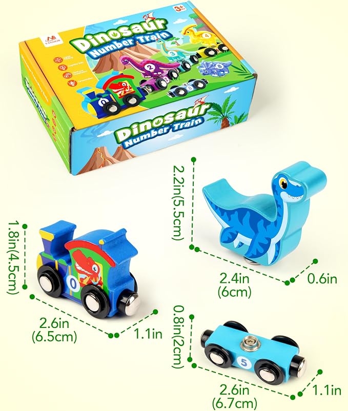Vanmor Wooden Dinosaur Train Set for Toddlers - Magnetic Dinosaur Toys and Number Train, Montessori and Educational Toys Preschool Learning Activities for Kids, Birthday Gifts for Boys, Girls
