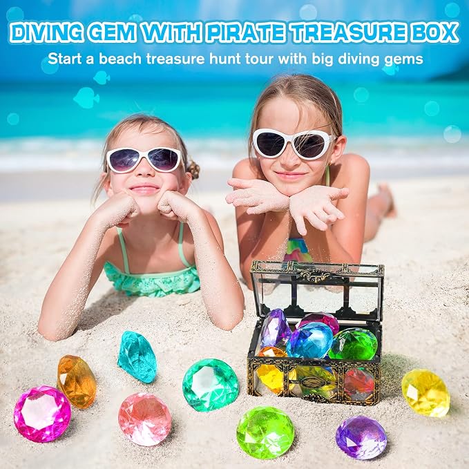 Diving Gem Pool Toy 10PCS DISHIO Big Colorful Diamond Diving Toy with Treasure Box Chest Pirate Pool Toys for Kids Toddlers Underwater Sinking Dive Gemstone for Swimming Bath Birthday Party Decoration