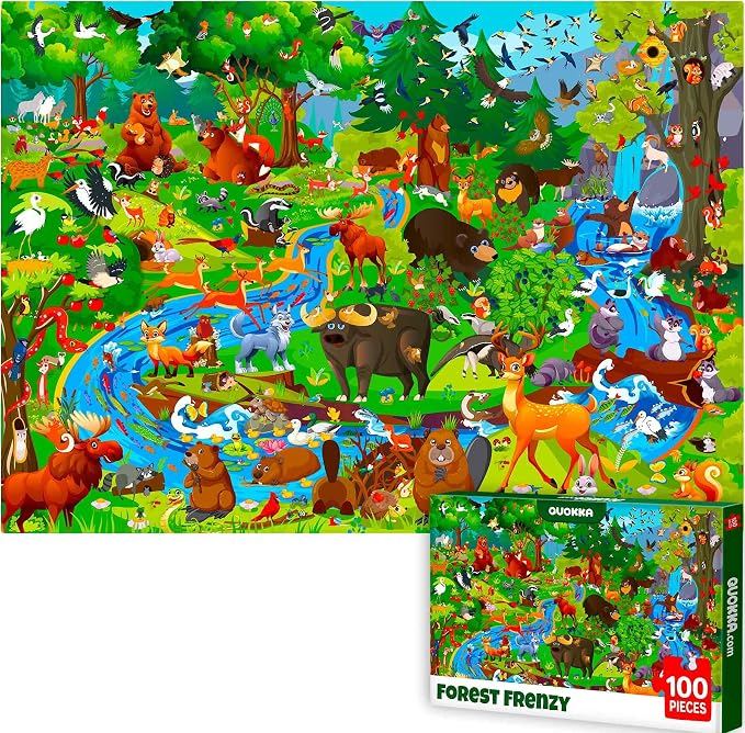 QUOKKA 100 Piece Puzzles for Kids Ages 6-8 – Intricately Illustrated Forest Animals Puzzle for Kids Ages 8-10 – Educational Busyland Game Packed with Visual Details for Boys and Girls