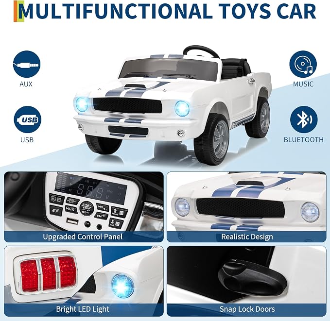 Garvee 24V 2 Seater Ride on Licensed Shelby GT350, Battery Powered Ride on Toys for Kids with Remote Control, Ford Shelby Kids Electric Vehicle 2 Seat, Safety Belt, 2 Speeds, LED Lights, White