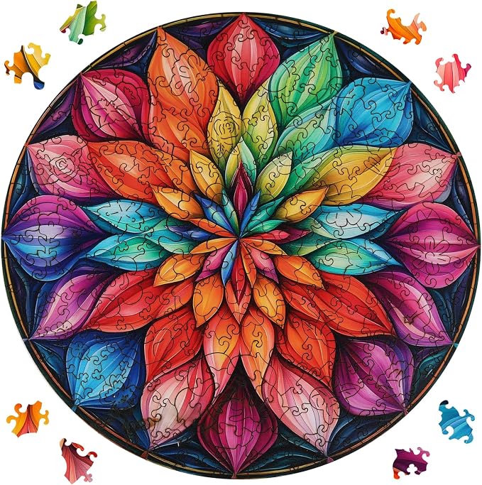 Ixfyloop Mandala Puzzles for Adults, Wooden Puzzles for Adults, Wood Puzzles Adult Unique Shaped Lotus Puzzle 200 Pieces, Wooden Jigsaw Puzzles for Adults Birthday Gift 10.9x11.2in