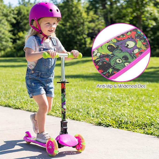 OLAKIDS Kids Kick Scooter with LED Front Wheels, 3-Level Adjustable Handlebars, Lean-to-Steer Design, Rear Foot Brake, Wide Anti Slip Deck, 3-Wheel Scooter for Kids Ages 2-5