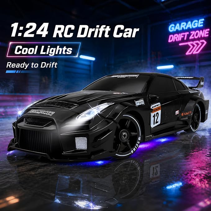 HTURCCOP 1:24 RC Drift 2.4GHz with LED Light Race Car Toys for Boys and Girls Aged 6+ Speed Adjustable up to 23Km/H, High-Speed RC Racing Cars Toy Gift for Boys & Girls (Black)