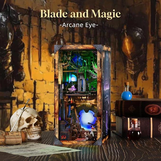 CCCDF DIY Book Nook Kit, DIY Miniature Dollhouse Booknook Kit, 3D Wooden Puzzle Bookend Bookshelf Insert Decor with LED Light for Teens and Adults (Blade and Magic)