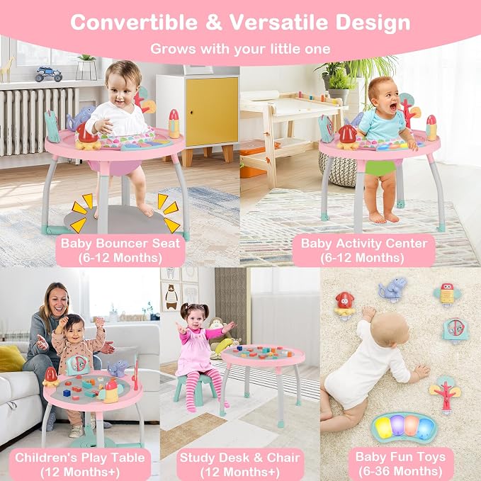 HONEY JOY Baby Activity Center, 5 in 1 Infant Jumper & Standing Play Table w/ 360° Rotary Seat, 6 Toys, 3 Adjustable Heights, Lights, Music & Sounds, Activity Center for Babies 6-36 Months (Pink)