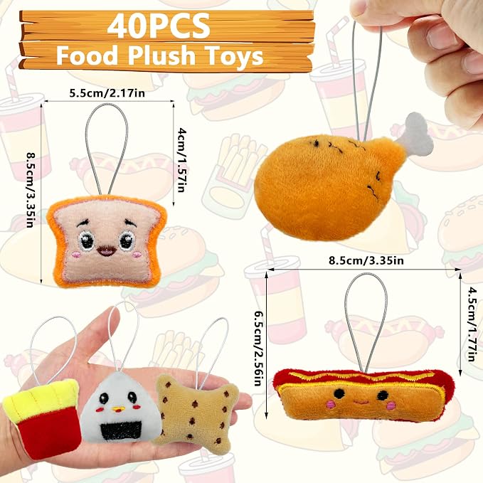 XIPEGPA 40 PCS Mini Food Plush Toy Set Cute Small Food Stuffed Toy Keychain for Party Favors Keychain Ornament for Goody Bag Easter Egg Stuffers Carnival Birthday Party Classroom Prizes
