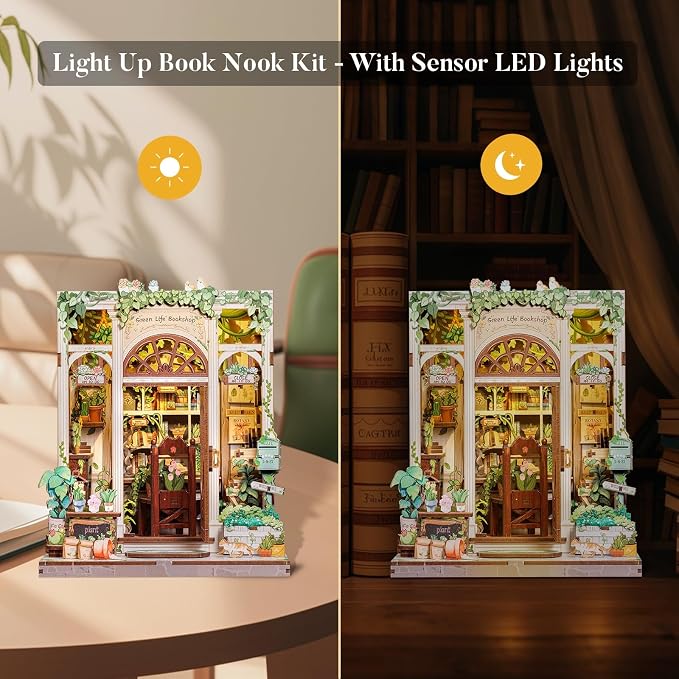 Fsolis Book Nook Kit, 3D Wooden Puzzles for Adults DIY Miniature House Mini Building Kit Booknook Bookstore Bookshelf Diorama Garden Kit Gift for Women Puzzle Lovers (Green Life's Bookshop)
