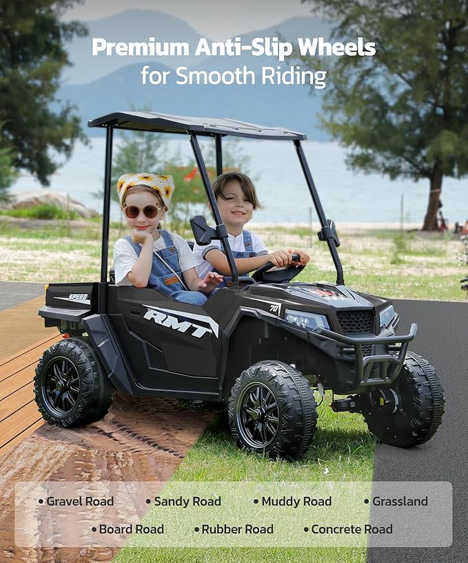 ELEMARA 24V Ride on Toy for Big Kid,Ride on Car 2 Seater w/Sun Shade,Dump Bed & Shovel,4.5MPH,4WD Electric Car for Kids,Battery Car w/Remote,Kids Ride on Truck,3 Speed,LED Lights,Bluetooth, Dark Black