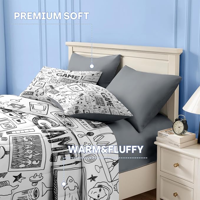 Nesker 7 Pcs Comforter Set Queen Size, Computer Games Doodles Bedding for Kids Teen, Gamer Gaming Black with Fitted Sheet 2 Pillowcases & 2 Shams for Bedroom Bed Decor