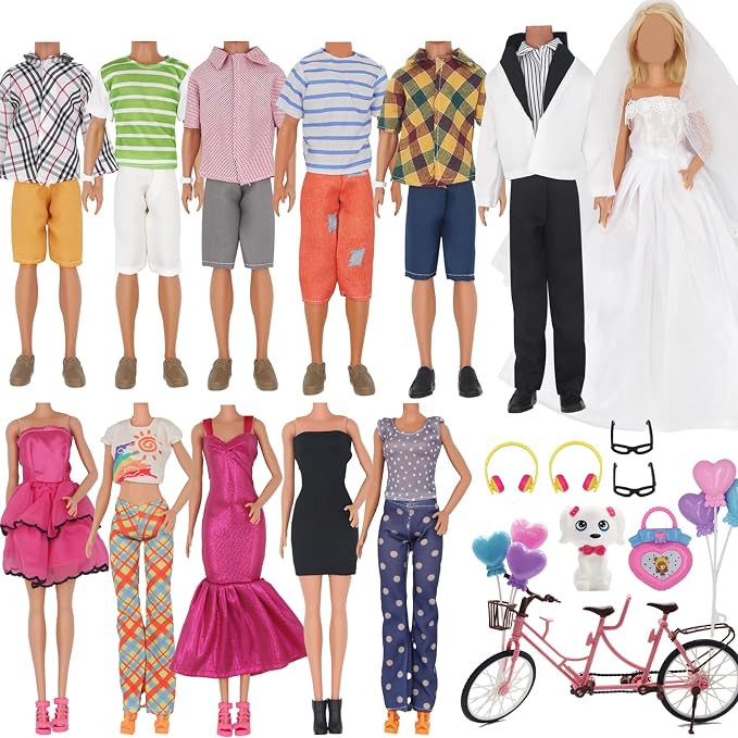 EuTengHao 30Pcs Doll Clothes and Accessories for 12 inch Boy and Girl Doll Includes 12 Set Wear Clothes Jeans and Wedding Dresses Tandem Bike Glasses Dog Bag and Colorful Balloons for 12 Inch Dolls