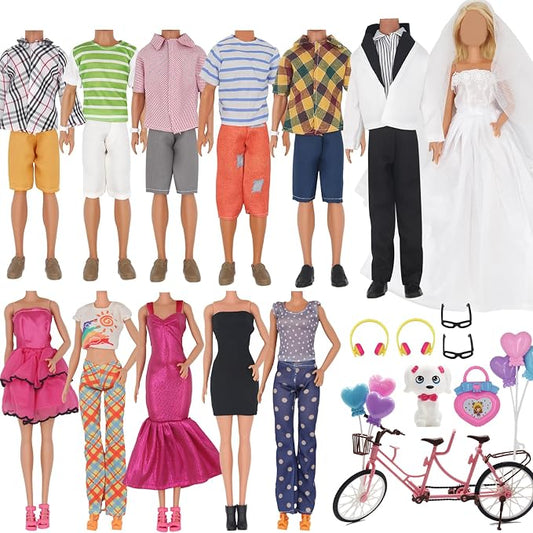 EuTengHao 30Pcs Doll Clothes and Accessories for 12 inch Boy and Girl Doll Includes 12 Set Wear Clothes Jeans and Wedding Dresses Tandem Bike Glasses Dog Bag and Colorful Balloons for 12 Inch Dolls