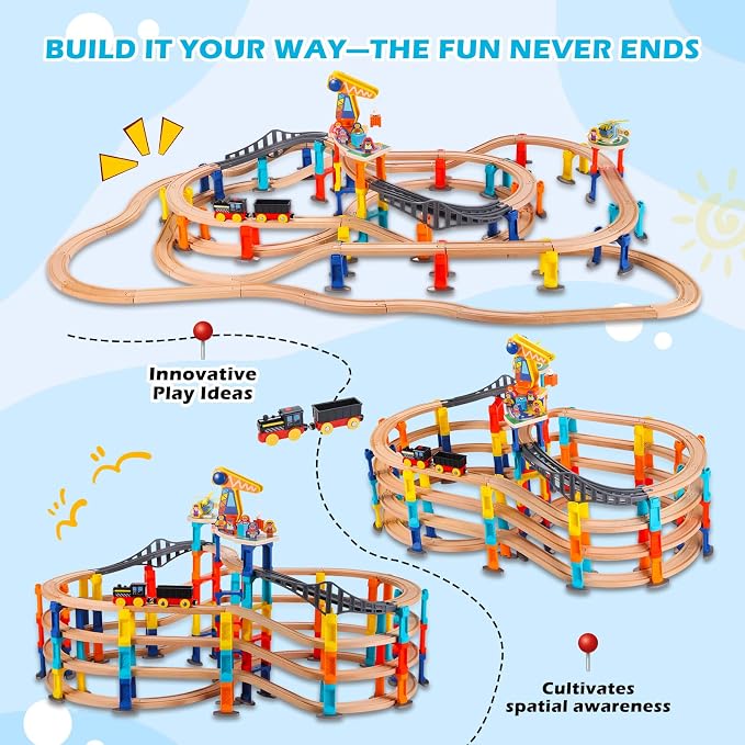 120Pcs Wooden Train Tracks Set, 398-inch Track Expansion, Toddler Railway Bridge Toy Train Set with Airplane and Magnetic Crane, Birthday Gifts for Boys and Girls, Compatible with All Major Brands