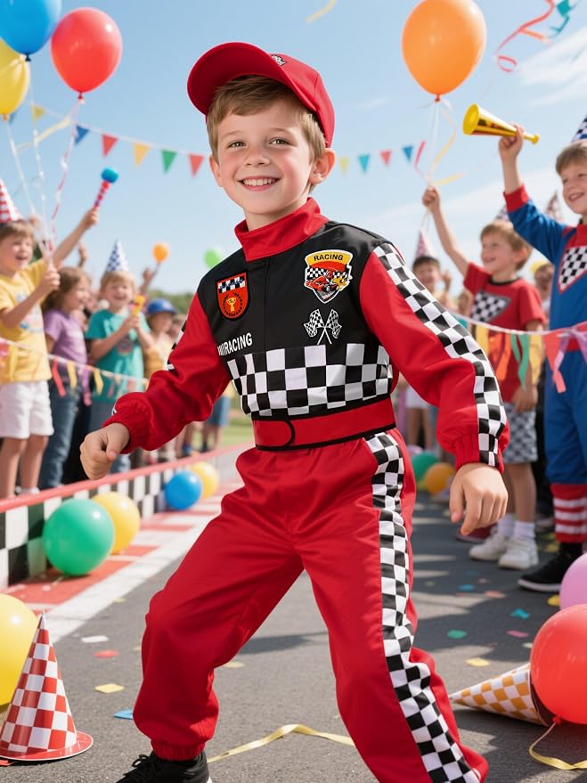 Kids Race Car Driver Costume Boys Girls Racer Jumpsuit With Car Cap Kids Dress Up for Halloween