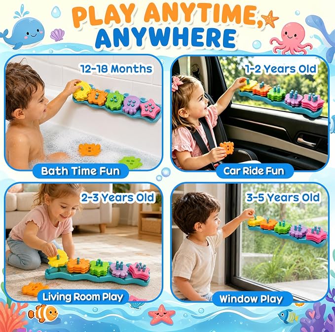 21PCS Mold Free Bath Toys,Ocean Shape Sorters Stacking Water Play Toys, Early Learning Gifts for Toddlers 1-3 2-4 3-5 Boys Girls