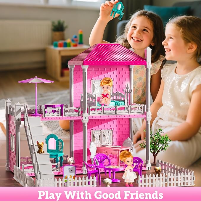 JUKUDAHU Villa Playset for Girls Ages 3-7, Indoor Playset Girls Toys with 2 Storeys 3 Rooms 2 Dolls for Ages 6-8, Furniture and Accessories, Pretend Toddler Toy, Birthday Gifts for Kids 3 4 5 6 7 8