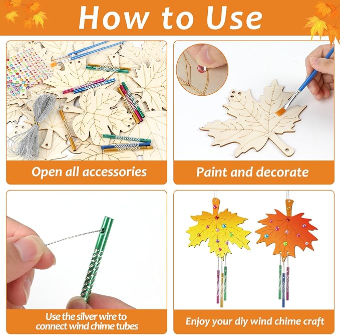 gisgfim 16 Pack Fall Wind Chime Kits for Make Your Own Maple Leaves Wind Chime Wooden DIY Arts and Crafts for Thanksgiving Autumn Party Decorations Supplies Birthday Favor
