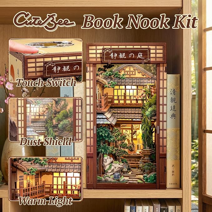 CUTEBEE Book Nook Kit - DIY Miniature House Japanese Zen Diorama Kit, Dollhouse Booknook for Adults, Tiny House Bookshelf Decor 3D Wooden Puzzle Gifts (Serene Courtyard)
