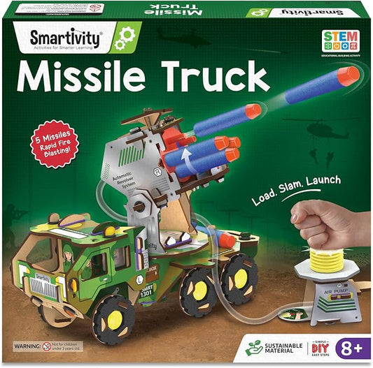 Smartivity DIY Missile Truck for Kids | Build Your Own Military Vehicle with Air-Powered 360° Rotating Launcher & 5 Foam Missiles | STEM Engineering Toy | Birthday Gift Boys & Girls 8 9 10 11 12 13 14