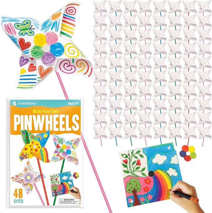 KwestSync 48 Pack DIY Pinwheels for Kids - Bulk Spring Summer Crafts for Kids 3-5, 4-6, 4-8, Color Your Own Paper Windmill - Great Activity for July 4th Patriotic Classroom Birthday