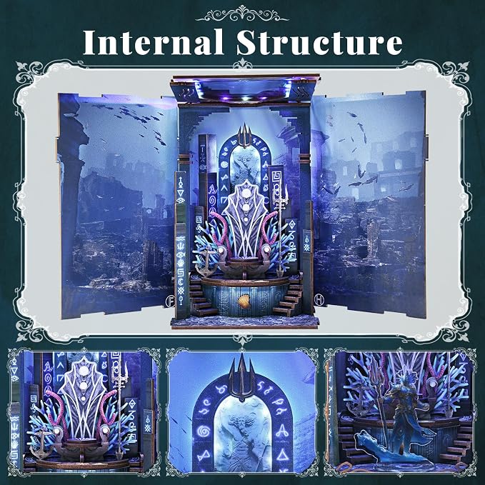 MiniCity Book Nook Kit - DIY Miniature Dollhouse Kits Gifts for Adults to Build, Throne Miniatures, Wooden Adults Crafts, Mini Model Kits with LED (Throne of Aqua)