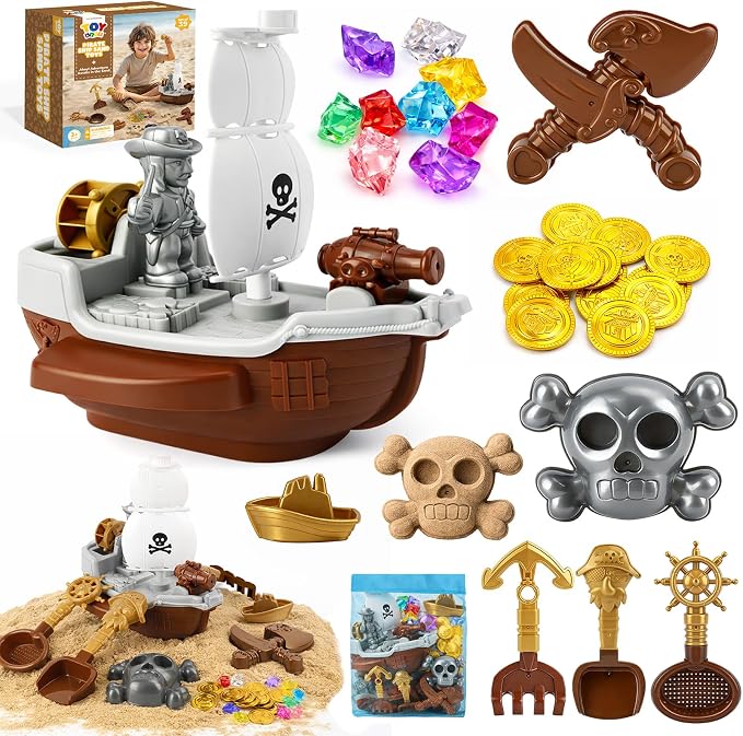 TOY Life 39PCS Pirate Beach Toys for Kids Ages 4-8, Pirate Ship Sand Toys Set with Treasure Coins & Gems, Sandbox Role Play Toys for Kids, Outdoor Beach & Travel Summer Adventure Toys