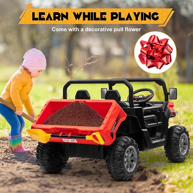 24V 4WD Ride on Car Dump Truck w/4X200W Motor, 2 Seaters, Gift Flower, 2.4G Remote Control, Bluetooth Music, LED Light, 24 Volt Ride on Toy Cars for Big Kids, Red