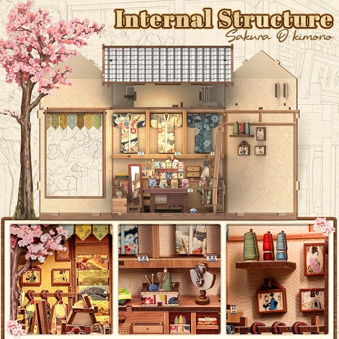 Cutefun Book Nook Kit - DIY Miniature Dollhouse Kit for Adults, Teens and Beginners, Japanese Sakura Tiny House Bookshelf Decor 3D Wooden Puzzles, Gifts for Friends & Family (Sakura Kimono Shop)