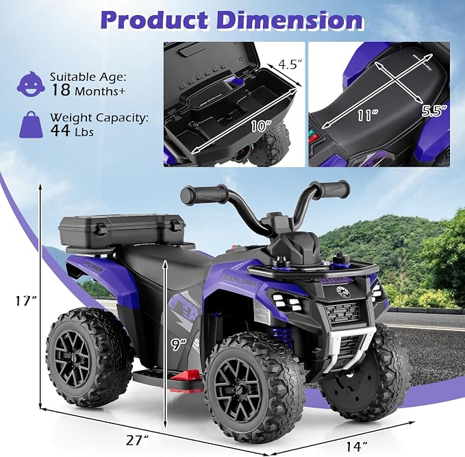 OLAKIDS Kids ATV with Spray Function, Remote Control, Storage Trunk, 6V Toddler Ride on Toy, Purple