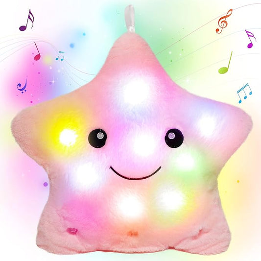 13" Musical Pink Star Plush Pillow Glowing Twinkle Night Light Stuffed Animal LED Toys Adjustable Volume Birthday for Girls Boys