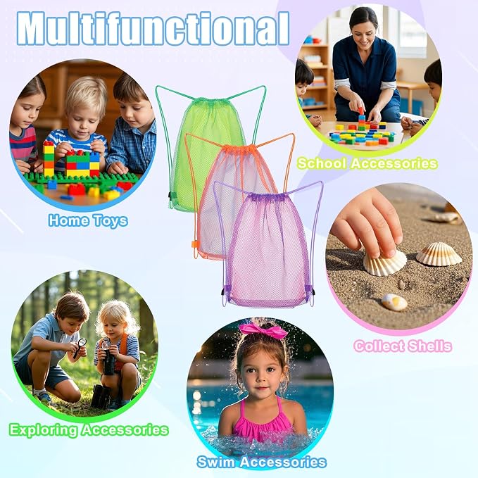 Vodolo 3pcs Beach Toy Bag,Mesh Travel Sand Toys Backpack for Sandbox Buckets,Beach Vacation Essentials for Kids,Shell Collecting Bag Shelling Tools,Must Haves Sand Box Toys Seashell Bags