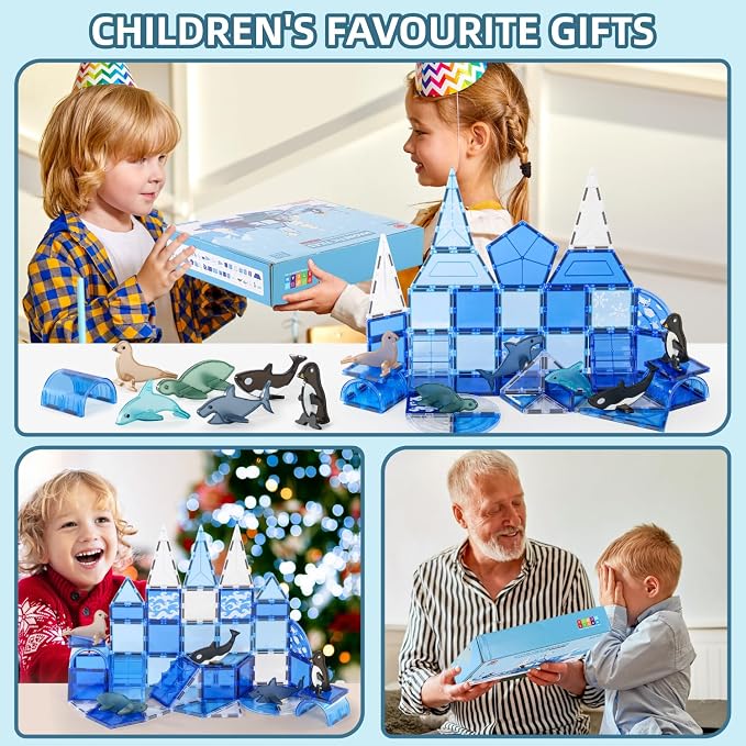 Arctic Animals Magnetic Tiles for Kids Ages 4-8, Aquarium Magnetic Building Set with 6 Sea Animals, Educational Magnet Blocks for School Toddlers, Birthday Xmas Gifts for Grandkids Boys Girls 3-5 4-6