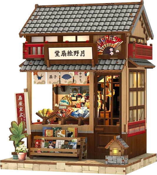 Cutefun Book Nook Kits for Adults, DIY Miniature Dollhouse Booknook Kit, Japanese Mini House Building Kit with LED, 3D Wooden Puzzle Bookshelf Insert Decor Creative Gifts for Teens (Folding Fan Shop)
