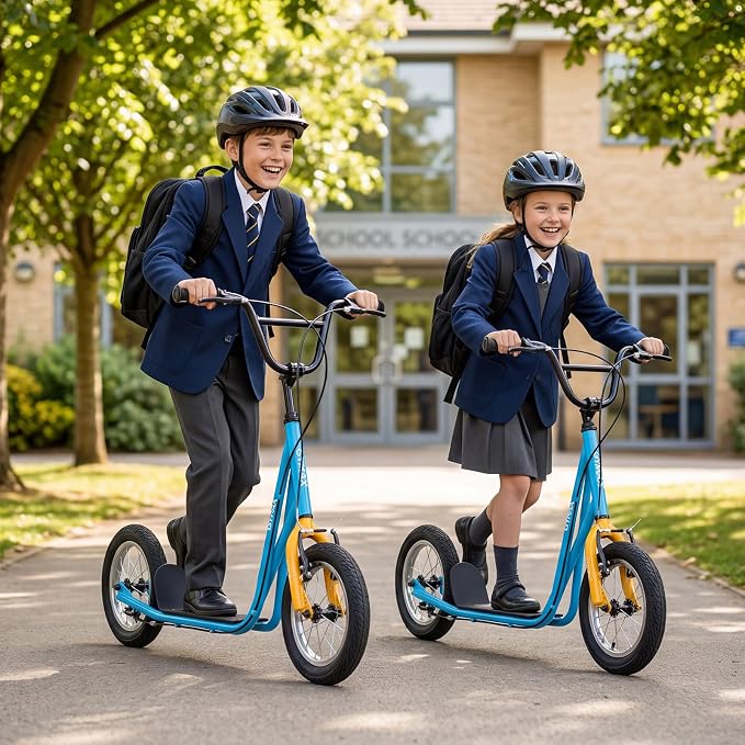 GYMAX Scooter, Kids & Adults Off-Road Scooter with 12" Inflatable Wheels, Adjustable Height Handlebar, V-Type Handbrakes & Axle Pegs for All Terrain, 8+