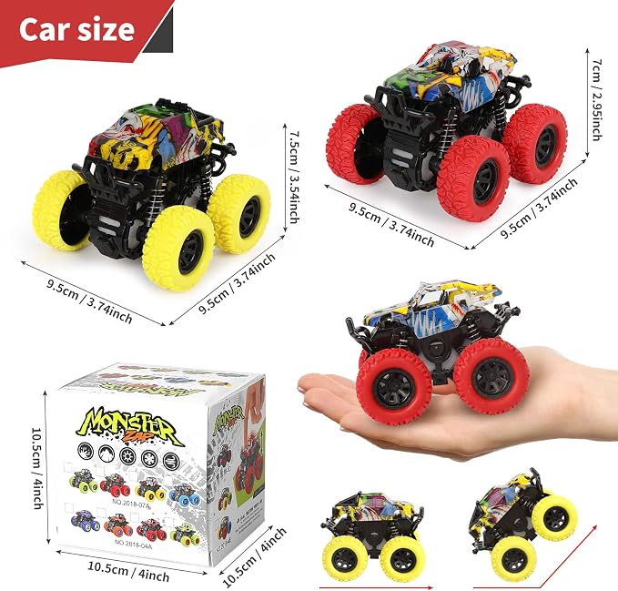 M SANMERSEN Monster Truck Toys for Kids, Friction Cars for Toddlers Push and Go 360° Rotating Stunt Car for 3+ Year Old Boys Girls Gifts (2 Pack - Red and Yellow)