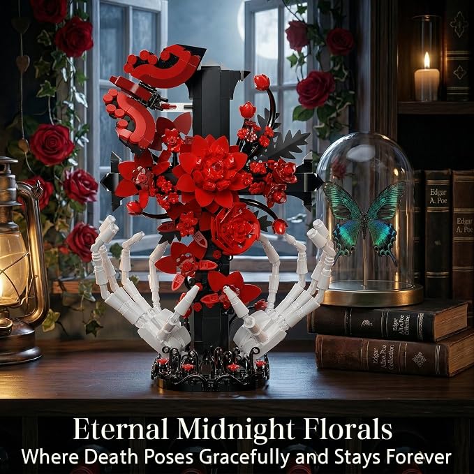 Gothic Decor Gothic Cross with Skull Hands Building Set – 8+ Halloween Decor, Bone Hands Holding Flower Cross & Butterfly, Home Office Shelf Accent, Valentine’s Day Gift for Adults(901PCS)