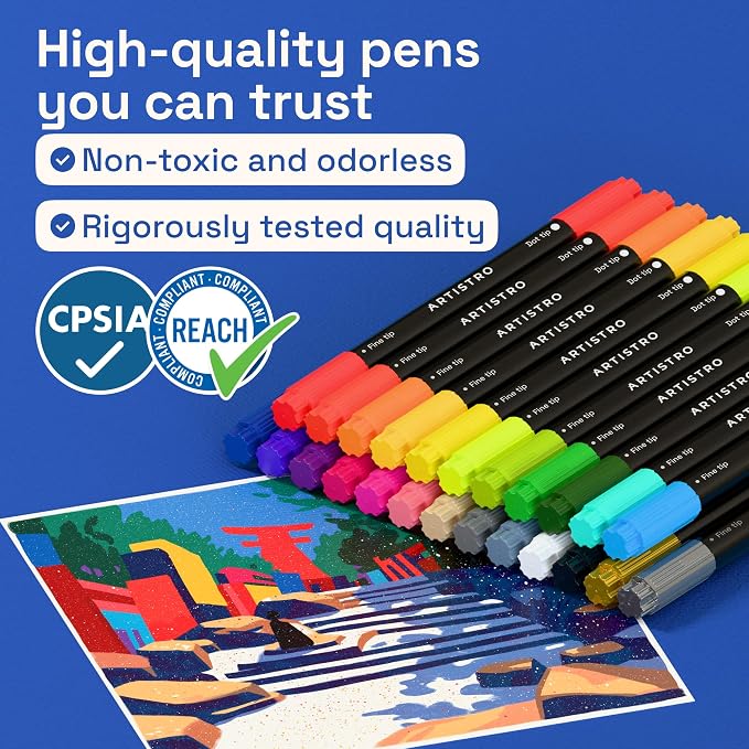 ARTISTRO 24 Precision Dual-Tip Acrylic Paint Markers – Paint Pens Set with Dot & Fine Tips for Fabric, Rock, Glass, Wood, Coloring Books – Arts & Crafts Gift – Classroom Must Haves & School Supplies