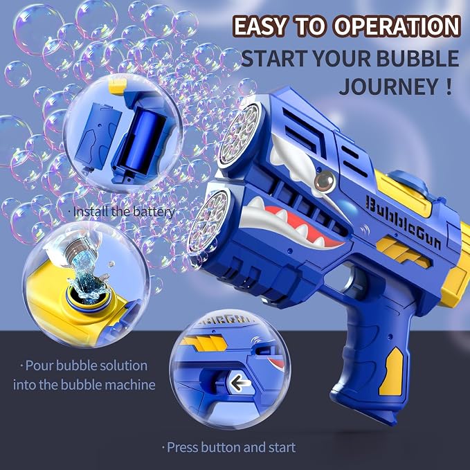 Rechargeable Blue Shark Bubble Guns for Kids, LED Light Up Bubble Machine Blower with Bubble Refill Solution for Kids, Bubble Makers Blaster for Toddlers, Summer WeddingToys Gift