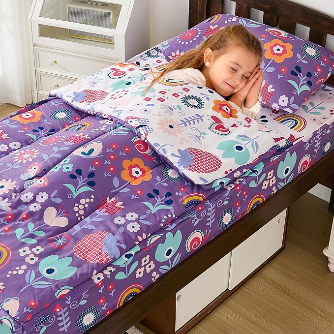 DJY Zipper Bedding Set Full, Purple Floral Bedding Sets for Girls, Kids Comforter Set with Fitted Sheet Pillowcases, All in One Zipper Bed Set for All Seasons
