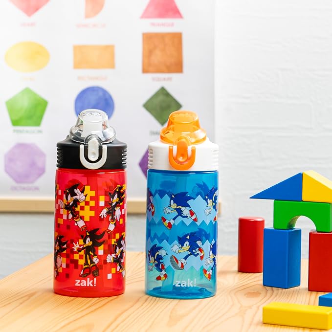 Zak Designs Sonic the Hedgehog Sage Kids Water Bottle For School or Travel, 16oz Durable Plastic Water Bottle With Straw, Handle, and Leak-Proof, Pop-Up Spout Cover, 2-Pack Set (Sonic & Shadow)